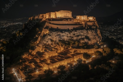 night view of acropolis in Athens, flying above illuminated Parthenon in Athens in the evening, night view of downtown Athens, an internationa landmark in Greece. High-quality 4k footage, AI generated photo