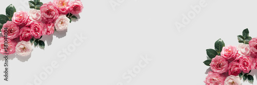 Floral composition made of beautiful pink rose buds lying on white background with sunlight. Nature concept. Summer theme. Minimal style banner. Top view. Flat lay