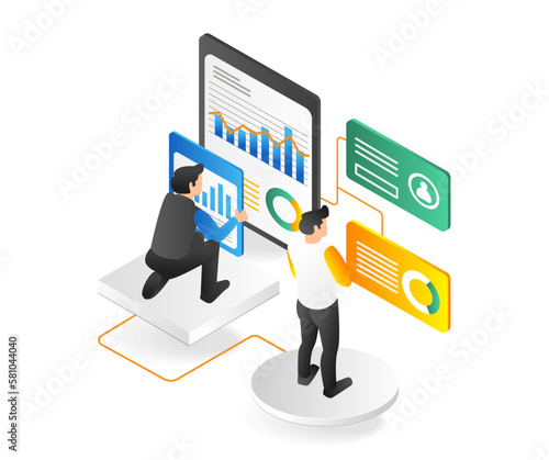 Isometric 3d flat illustration concept of two men compiling business analysis data