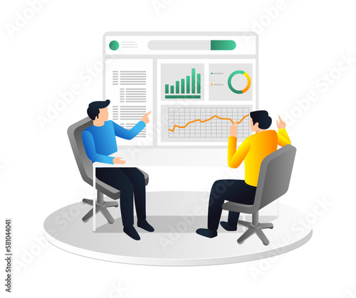 Isometric 3d flat illustration concept of team is analyzing business cooperation data