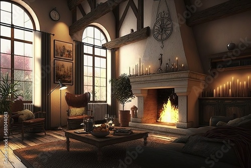 Nice living room with fireplace and decor  AI generated