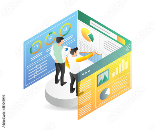 Isometric 3d flat illustration concept of two men analyzing data