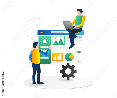 Isometric flat 3d illustration concept of a team working on a responsive web display