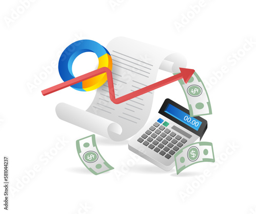 Isometric flat 3d illustration concept of agreement letter calculating business income money