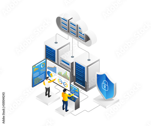 Isometric flat 3d illustration concept cloud server endpoint team analytics