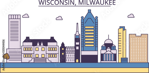 United States, Milwaukee City tourism landmarks, vector city travel illustration