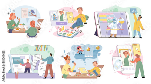 Happy little kid using tablet, child watching smartphone while eating at kitchen at home. Irritated mom is nervous that kid is distracted during feeding and spends too much time with gadgets