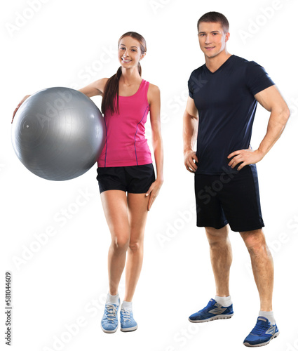 Fotografie Happy caucasian couple man woman personal trainer exercising