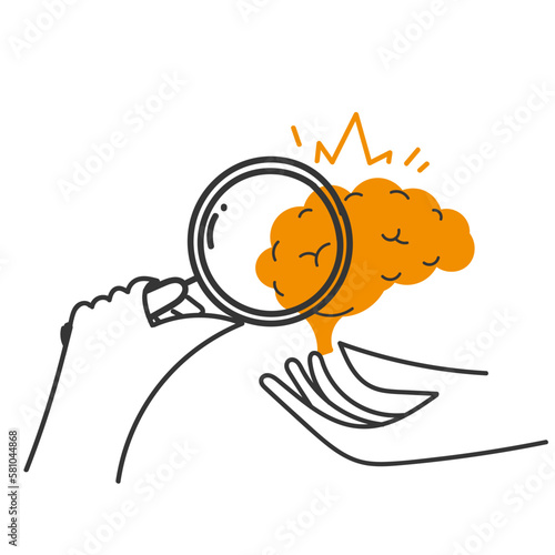 hand drawn doodle holding magnifier for human brain diagnostic illustration