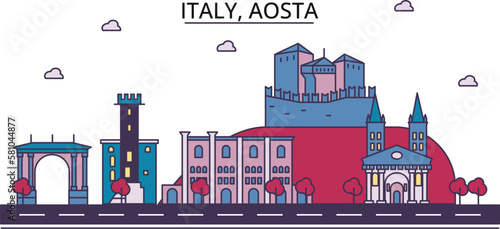 Italy, Aosta tourism landmarks, vector city travel illustration