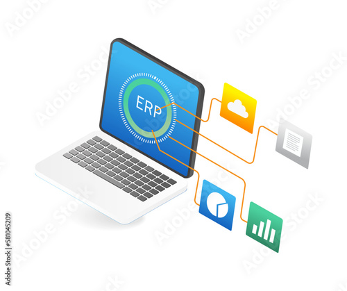 Enterprise Resource Planning ERP business network isometric flat 3d illustration concept