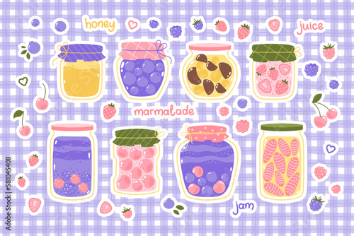 Cute set of vector glass jars with preserves of berry jam, marmalade and jelly