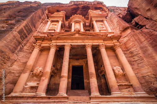 Close up view of the Treasury (Al Khazneh) at the ancient city of Petra. Jordan