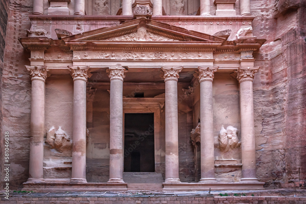 Old ruins of Al Khazneh treasury in Petra. Jordan