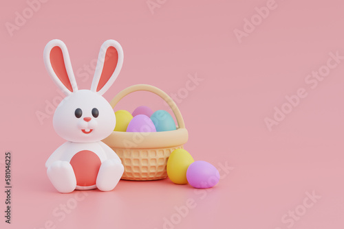 Happy Easter day. Colorful easter eggs with cute bunny. International Spring Celebration. 3d rendering.