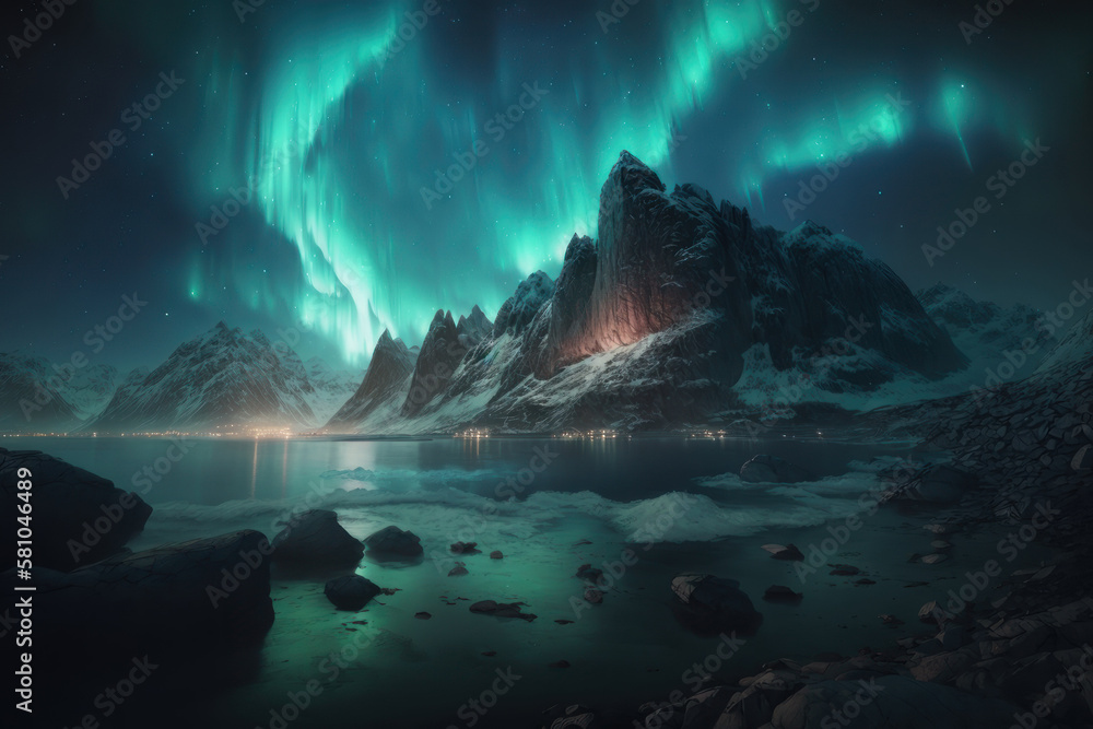 Northern lights in the mountains. AI generative.