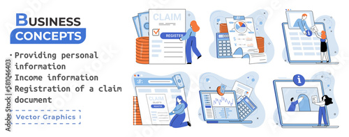 Registration of claim form register document, providing personal information, income information vector set. Employer form, earnings statement documents. Tax, financial and accounting reporting