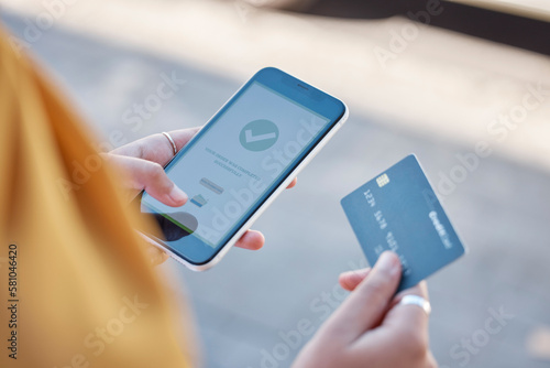 Photography Credit card, phone screen and hands of woman online shopping, ecommerce and successful financial payment