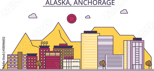 United States, Anchorage tourism landmarks, vector city travel illustration