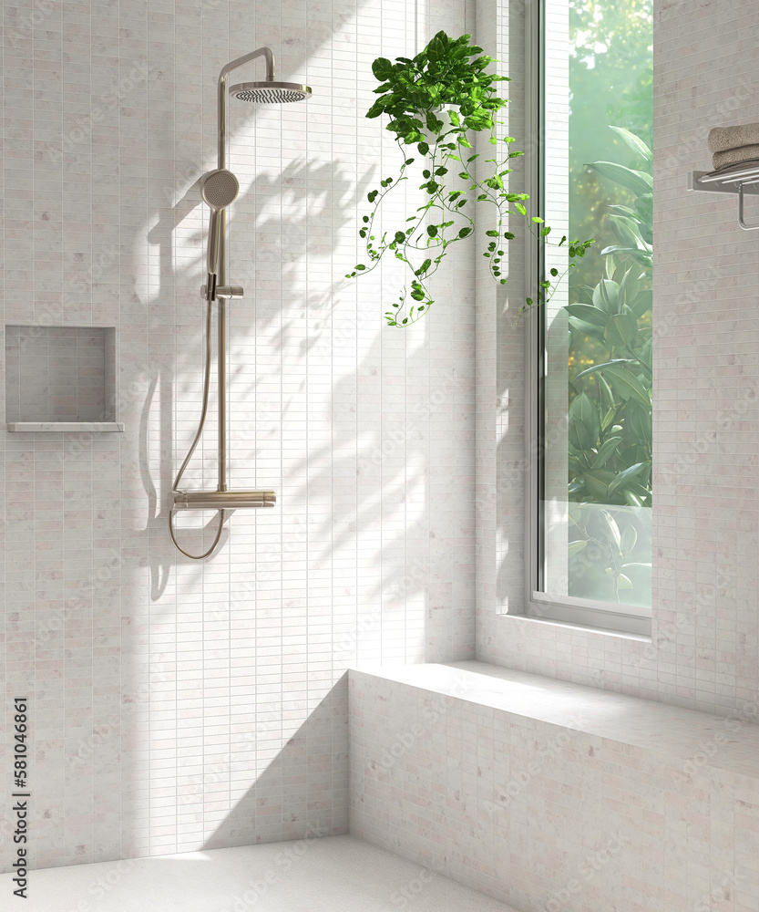 Shower bench in white tile wall modern luxury bathroom, adjustable