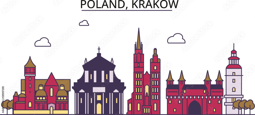 Poland, Krakow tourism landmarks, vector city travel illustration