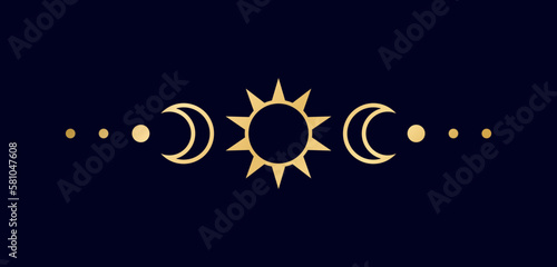 Gold celestial text divider with sun, stars, moon phases, crescents. Ornate boho mystic separator decorative element