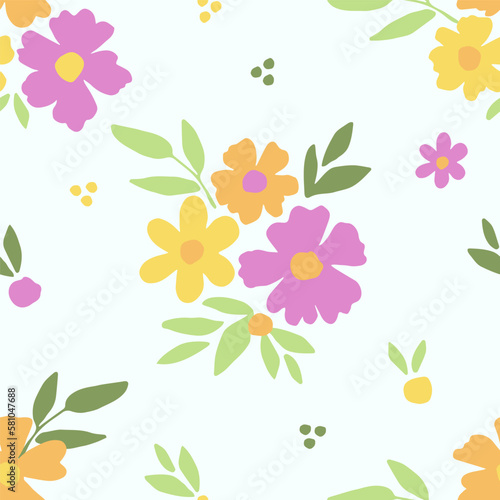 Delicate calm floral vector seamless pattern. Pink, yellow flowers, green leaves on a light blue background. For fabric prints, clothes, home decor.