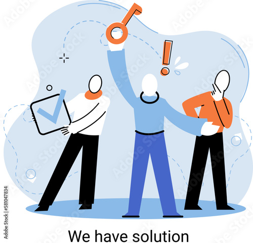 Reaching solution as result of work of business team. Startup employees. Goal thinking. Cooperation construction by agency create team. Creative successful management metaphor, decision and teamwork