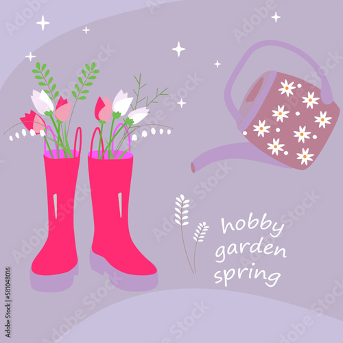picture with watering can, bouquet of flowers, rubber boots and text