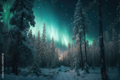 Northern lights in the snowy forest. AI generative.