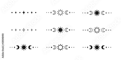 Celestial text divider with sun, stars, moon phases, crescents. Ornate boho mystic separator decorative element