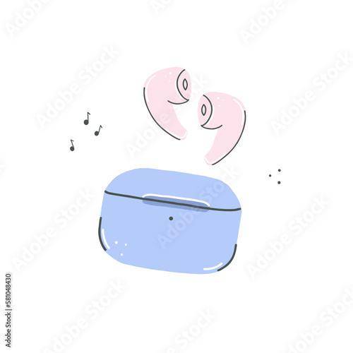 Earbuds in case illustration. Cute kawaii earphone portable audio wireless music device. Sound headphone gadget isolated vector illustration in cartoon hand drawn doodle style