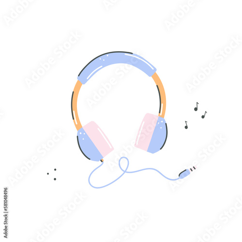 Wired headphone illustration. Cute kawaii earphone portable audio wired music device. Sound earbuds .gadget isolated vector illustration in cartoon hand drawn doodle style