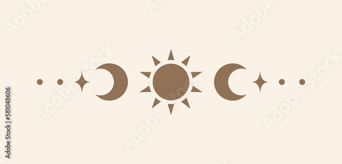 Celestial text divider with sun, stars, moon phases, crescents. Ornate boho mystic separator decorative element