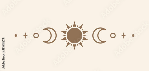Celestial text divider with sun, stars, moon phases, crescents. Ornate boho mystic separator decorative element