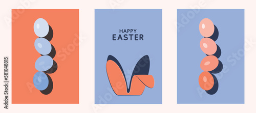 Happy Easter Set of banners, greeting cards, posters, holiday covers. Trendy design with typography, eggs and bunny ears, in orange and blue colors. Modern art minimalist style