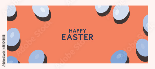 Happy Easter Set of banners, greeting cards, posters, holiday covers. Trendy design with typography, eggs and bunny ears, in orange and blue colors. Modern art minimalist style