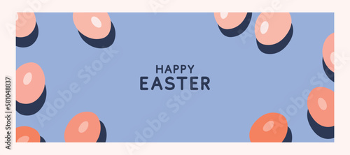 Happy Easter Set of banners, greeting cards, posters, holiday covers. Trendy design with typography, eggs and bunny ears, in orange and blue colors. Modern art minimalist style