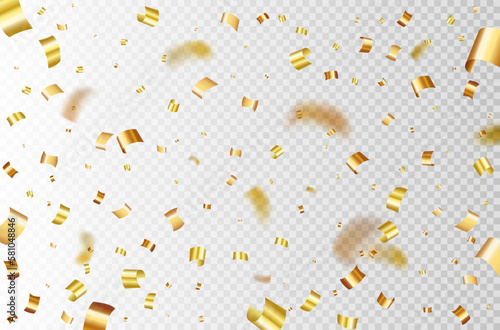 Shiny golden confetti falling isolated on transparent background. Vector illustration.