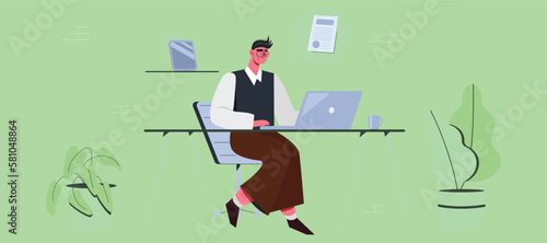 Office work. Man sitting behind the desk in front of the computer. Browsing internet. Mobile communication and social network concept. Vector illustration of a man using laptop.
