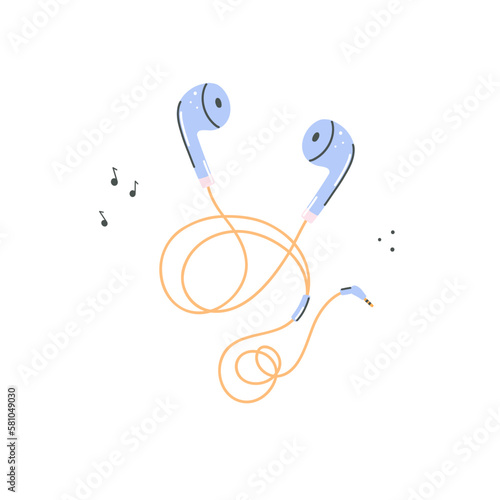 Wired headphone illustration. Cute kawaii earphone portable audio wired music device. Sound earbuds .gadget isolated vector illustration in cartoon hand drawn doodle style