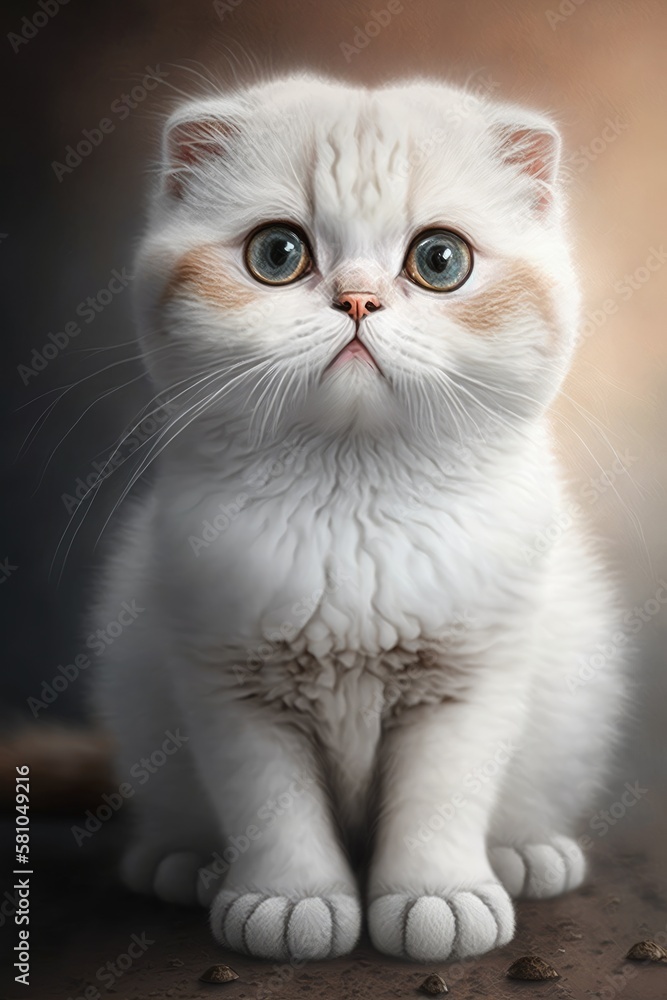 Sad Scottish Fold Kitten with White Fur. AI generate