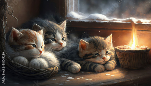 Three Cozy Kittens Sleeping by the Fireplace. AI generate