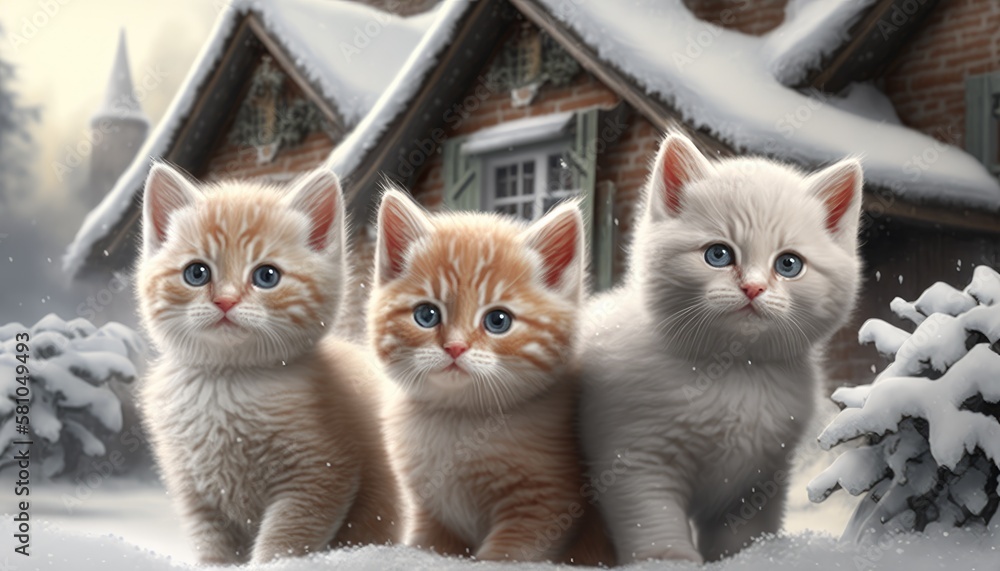 Three Cute Kittens Playing in the Snow. AI generate