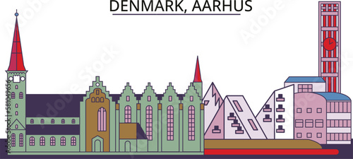 Denmark, Aarhus tourism landmarks, vector city travel illustration