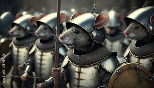 Realistic rat army in knight armor is ready for battle. , Generative AI