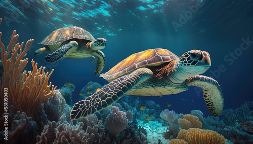 Green sea turtles are swimming in the stunningly pure water among the vibrant coral reef. Generative Ai. © Concept Killer