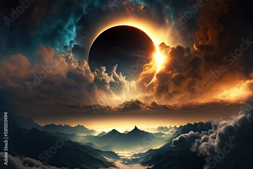 beaful celestial landscape with clouds and total solar eclipse, created with generative ai photo