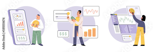 Set of people analyzing personal or corporate budget. Concept of finance accounting and calculation of financial income and expenses report. Financial consultant with document for tax computation