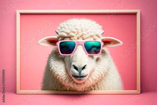 Portrait of funny white sheep in a sunglasses.AI generated.